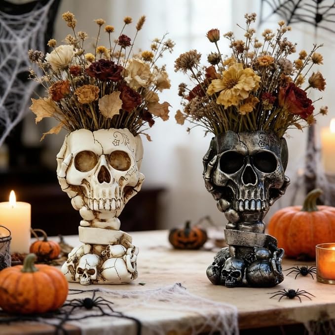 Skull Planter, Goth Flower Pot, Gothic Plant Pots, Succulent Pots with Drainage, Halloween Plant Pot, Tall White Skulls Statue, Funny Desk Home Decor, Cool Figurines Flower Pots Gift for Mother Father