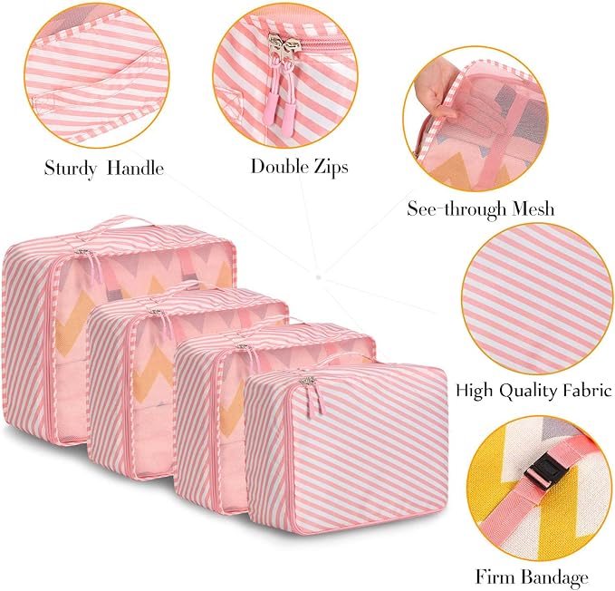 BAGAIL 8 Set Packing Cubes Luggage Packing Organizers for Travel Accessories-White and Pink Stripe
