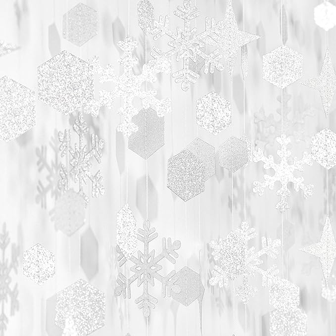 Snowflake-Snow White-Silver Christmas Party-Decorations Streamers - 52Ft White Winter Wonderland Frozen Hanging Paper Garland Banner,Birthday Wedding Baby Shower New Year Supplies Decor Hugtmr