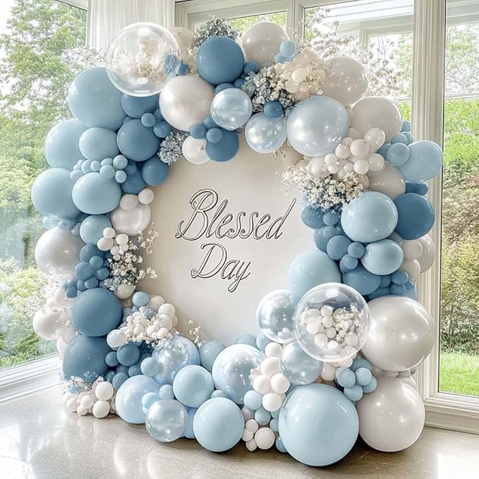 Dusty Blue and White Balloons Garland Double Stuffed Pearl Light Blue Bobo Balloon Arch Kit for Birthday Baby Shower Wedding Bridal Cinderella Frozen Winter Party Decorations