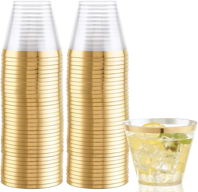 Hioasis 100Pcs 9OZ Clear Plastic Cups with Gold Trim - Plastic Disposable Cups, Heavy Duty & BPA-free for Party, Wedding, Celebrations