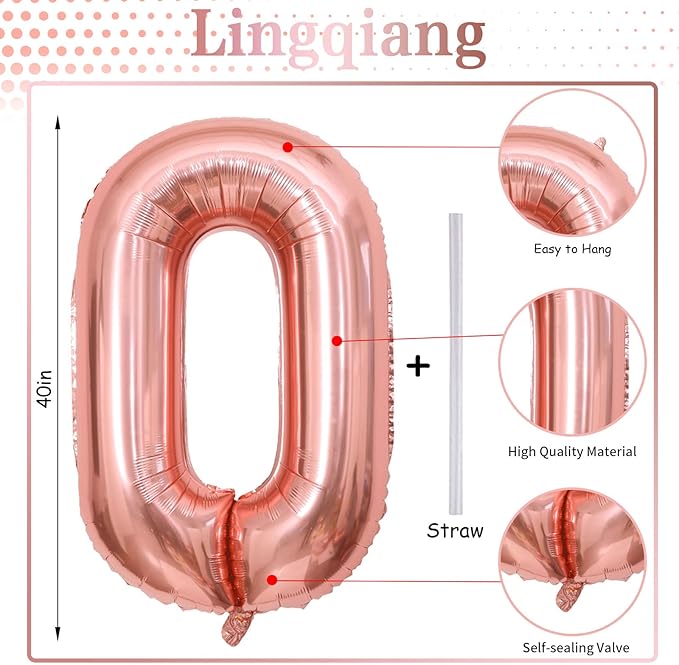 40" Rose Gold Number 0 Balloon for Girls, Large Self Inflating Helium Foil Number Balloons Set 0-9 for Women 20th 30th 40th Birthday Anniversary Wedding New Year Baby Shower Party Decorations Supplies
