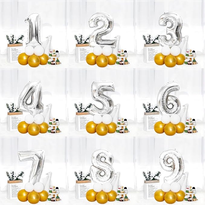 16 In Silver Large Numbers Balloons 0-9, Self Inflating Number 6 Balloons for Boys Girls, Big Silver Digit 6 Balloons for Women Men Birthday Party Anniversary Wedding Supplies Decorations