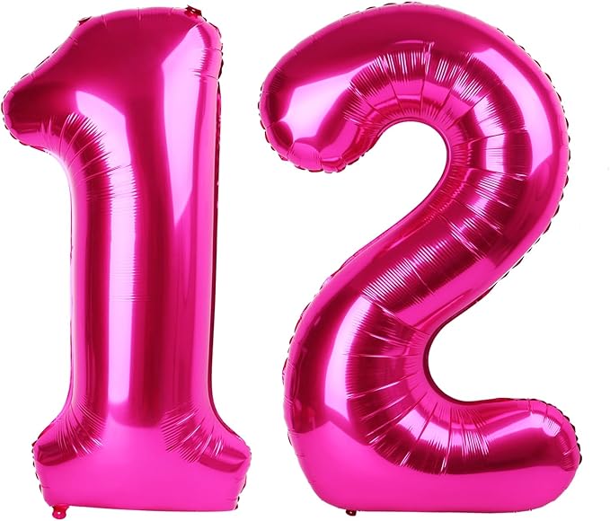 Hot Pink Number 12 Balloons 40 inch, 12 Number Balloons, 12th Birthday Decorations for Girls 12 Year Old Hot Pink Party Supplies