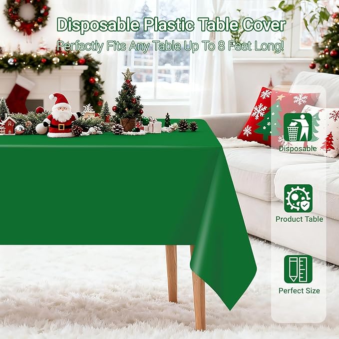 MRJ 12 Packs Green Plastic Tablecloths 54x108 Inch, Disposable Rectangle Table Cover for St. Patrick's Day Christmas Outdoor Parties