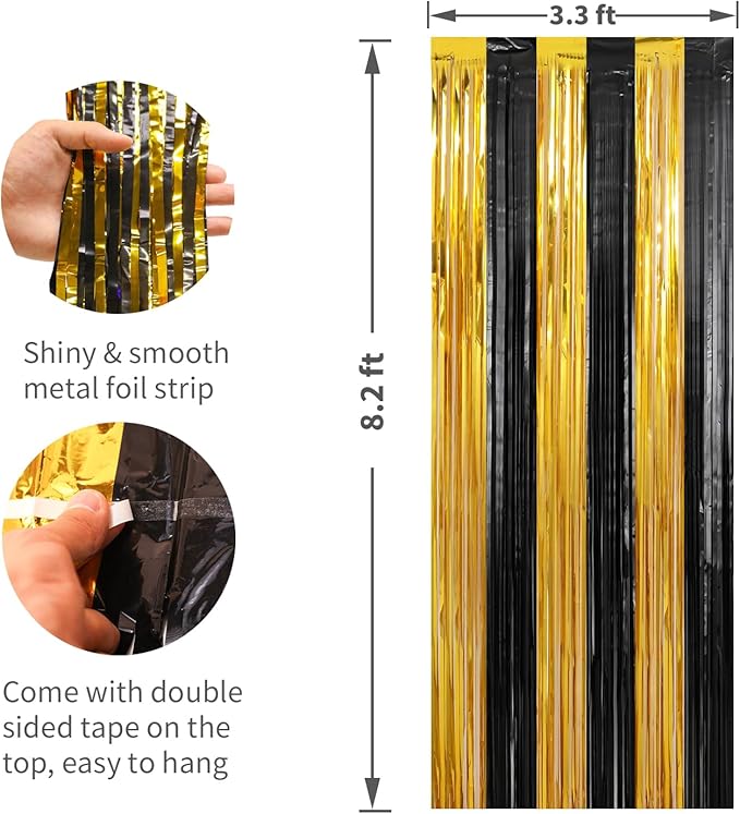 2 Pack Gold and Black Foil Fringe Curtains Streamers 3.3 x 8.2 ft, Tinsel Backdrop for Parties, Door Birthday Streamers, Photo Booth Backdrops, Party Decorations