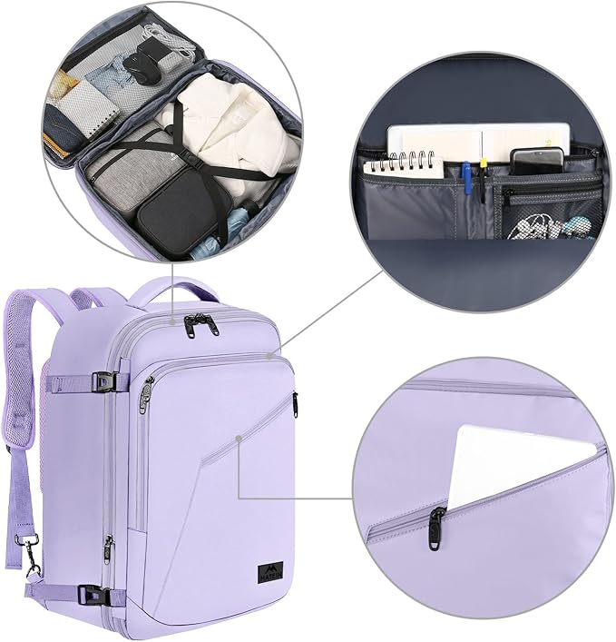 MATEIN Carry on Backpack for Women, 40L Heavy Duty Travel Backpack Airplane Approved, Expandable Simple Fashion Daypack, Frequent Traveler Gifts, Light Purple