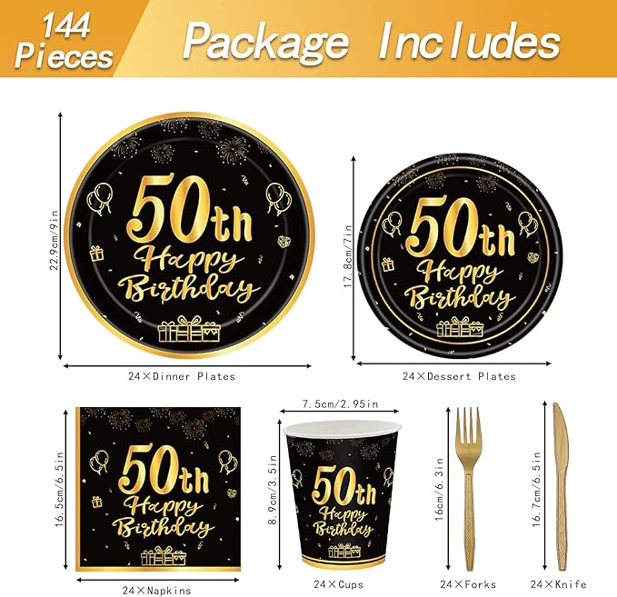 144PCS 50th Birthday Plates and Napkins Birthday Party Supplies 50th Birthday Party Decorations for Men Women Disposable Party Tableware Including Paper Plates Napkins Cups Forks Serve 24