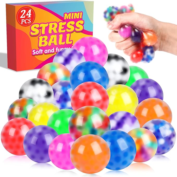 24 Pack Stress Balls, Squishy Ball, Squeeze Balls for Adults, Anti-Anxiety and Fidget Balls to Relax, Party Favors, Birthday Gifts, Goodie Bag Stuffers