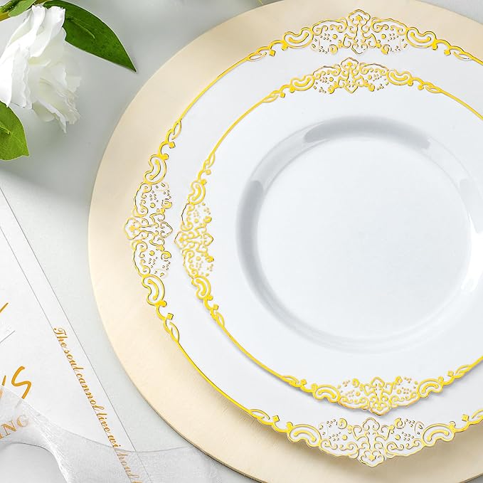 175PCS Gold Plastic Plates for 25 Guests, Disposable Dinnerware Sets Include 50 Gold Rim Plastic Plates, 25 Silverwares, 25 Cups, and 25 Pre Rolled Napkins for Party, Wedding and Graduation