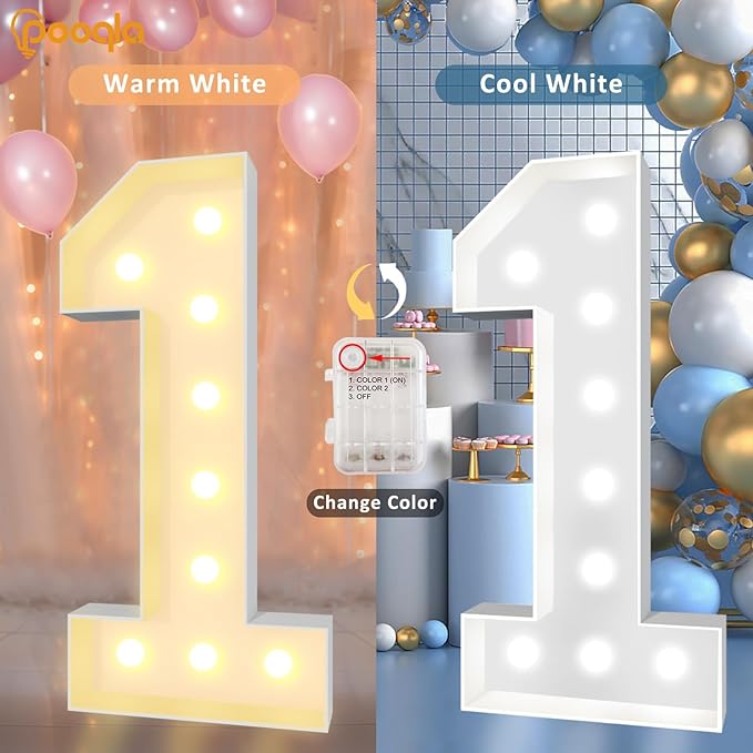 Pooqla 4 FT Light Up Marquee Numbers, Giant Mosaic Light Up Numbers Cool White and Warm White LED, Large Lighted Marquee Numbers for Balloons 4th 14th 40th Birthday Party Decoration, LED Number 4