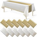 12Pack Disposable Plastic Tablecloths and Satin Table Runner Set White and Gold Dot Tablecloth Gold Satin Table Runner for Wedding Birthday Baby Shower Anniversary Christmas New Year Party Supplies