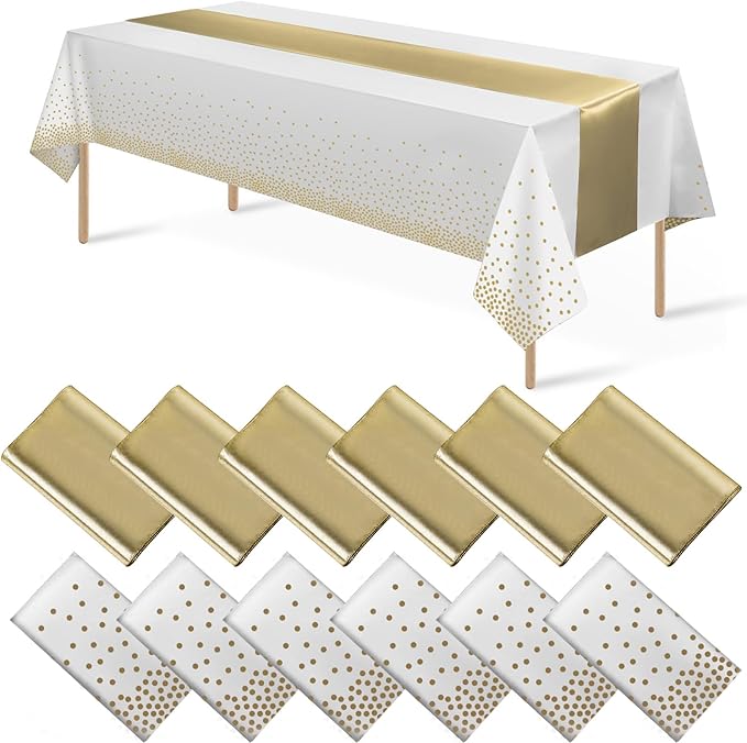 12Pack Disposable Plastic Tablecloths and Satin Table Runner Set White and Gold Dot Tablecloth Gold Satin Table Runner for Wedding Birthday Baby Shower Anniversary Christmas New Year Party Supplies