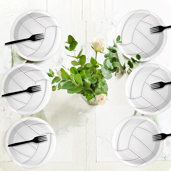 Wiooffen 24pcs Volleyball Party Supplies Paper Plates Set Disposable Tableware Pack Volleyball Party Dessert Plates Sports Birthday Baby Showers Holidays Decorations, 7"