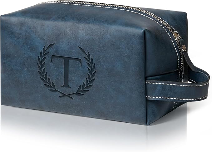 Personalized Gifts Travel Toiletry Bag for Men Engraved Initial PU Leather Waterproof Shaving Bag for Toiletries Accessories Fathers Day Birthday Gift for Men Dad Husband Son, Dark Blue T