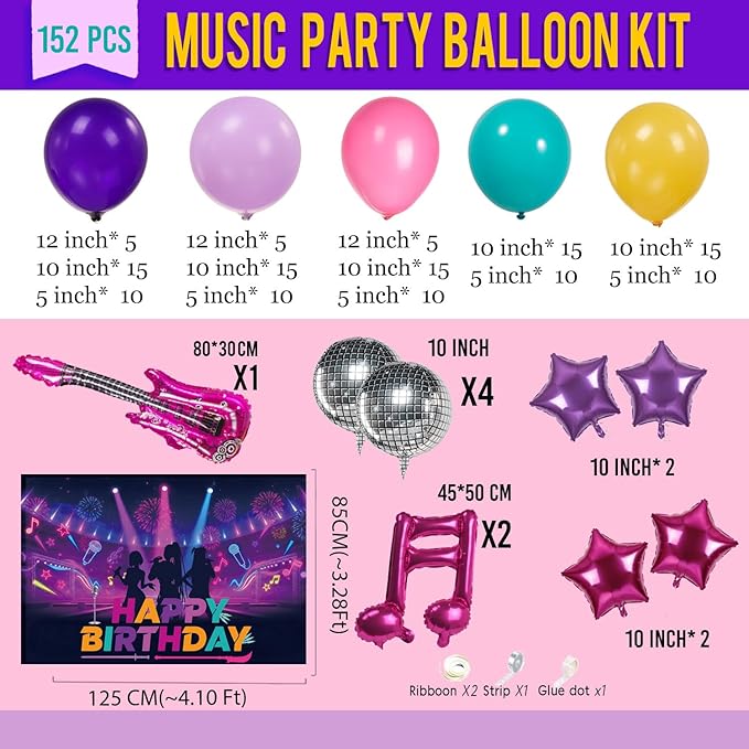 Purple pink teal kpop theme Balloon Arch Garland Kit with backdrop Musical symbols Disco Star mylar balloons for kpop music Birthday Decorations Y2K Concert Movies Tv fans Party Supplies