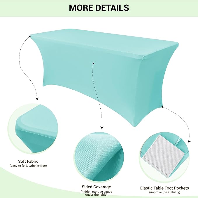 Obstal 6 Pack Stretch Spandex Table Covers for 8 Foot Tables - 8 FT Rectangular Fitted Tablecloth Protector for Wedding, Banquet, Party (Turquoise Blue, 96'' Length x 30'' Width x 30'' Height)