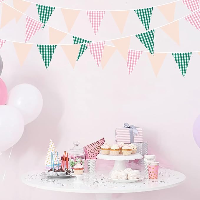 32Ft Pink Green Gingham Camp Bride Banner Green Pink Plaid Checkered Fabric Triangle Flag Pennant Garland Streamers for Camping Bachelorette Glamping Baby Shower Wedding Birthday Party Decorations
