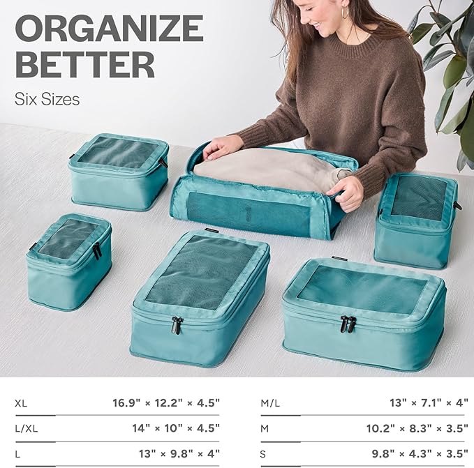 Aerotrunk Compression Packing Cubes for Travel - Luggage Organizer Bags - Double Zipper Packing Cubes for Suitcases (6-Pack, Teal)