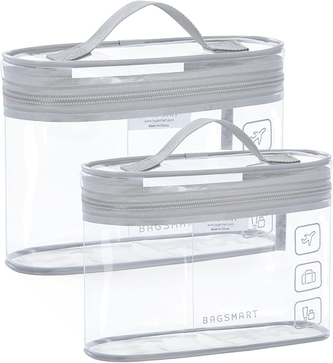 BAGSMART TSA Approved Toiletry Bag, 2 Pack Clear Makeup Cosmetic Bag Organizer, Quart Size Travel Bag for Toiletries, Carry-on Travel Accessories Essentials, Gray-2pcs