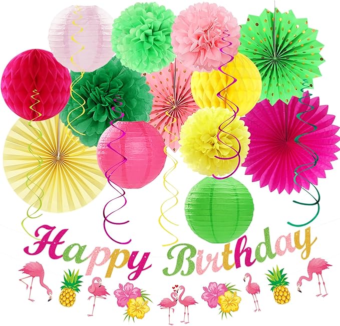 Hawaiian Luau Birthday Party-Decorations Supplies - 21pcs Happy Banner,Beach Paper Lanterns Honeycomb,Flamingo Pool Streamers Garland,Summer Tissue Pom Poms Flowers Fans,Tropical Tiki Decor Burgleda