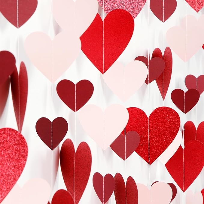 Pink Burgundy-Red Valentines-Day Party-Decorations Garland - 52Ft Proposal Special Night Galentines Heart Paper Streamers Banner,Bachelorette Bridal Shower Engagement Wedding Decor Lasting Surprise