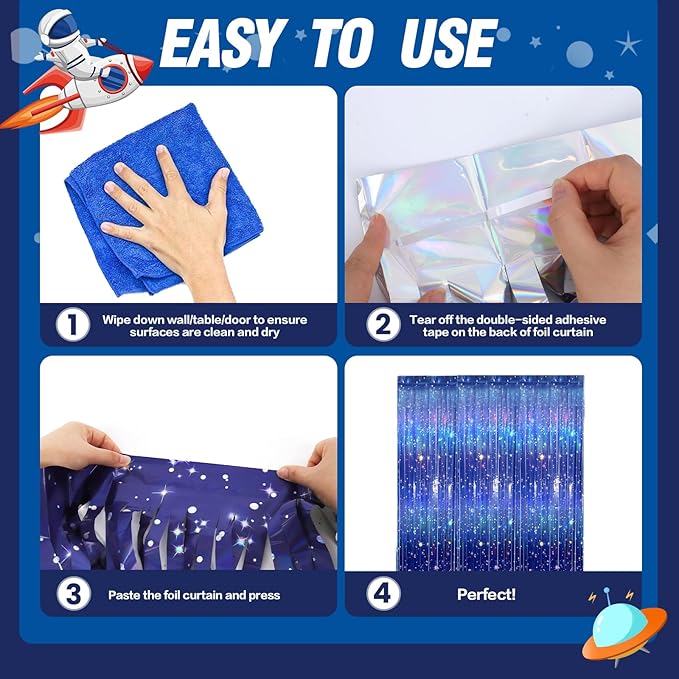 6 PCS Galaxy Foil Curtains Backdrop for Space Themed Party Decorations, 3.3 x 6.6 ft Blue Iridescent Tinsel Curtains, Foil Fringe for Photo Booth, Outer Space Birthday or Alien Party