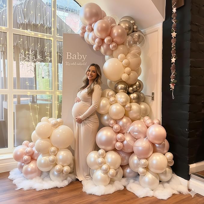 Dusty Pink and Gold Balloon, 12 Inch Double Stuffed Pearl Pastel Blush Pastel Pink Light White Metallic Gold Latex Balloons for Women Girls Birthday Baby Bridal Shower Wedding Boho Party Decorations