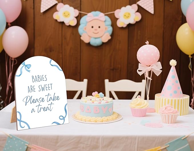 Blue Bow Babies Are Sweet Please Take a Treat Sign for Baby Shower, 6x8 Inch Arch Wooden Sign with Stand, Blue Baby Shower Table Sign, Gender Neutral Party Decoration - QW08