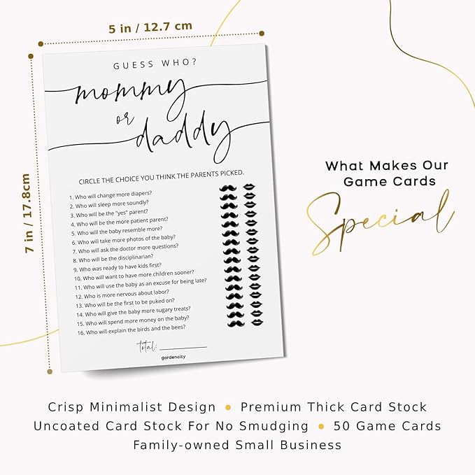 GardenCity 50 Mommy or Daddy? Baby Shower Game Cards, Fun Baby Shower Games for Boy or Girl, Gender Neutral - Minimalist