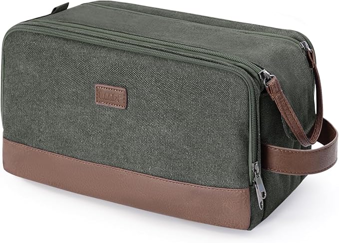 WANDF Toiletry Bag for Men Travel Toiletry Organizer Canvas and Leather Dopp Kit Water-Resistant Shaving Bag for Travel Accessories (Green, Large)
