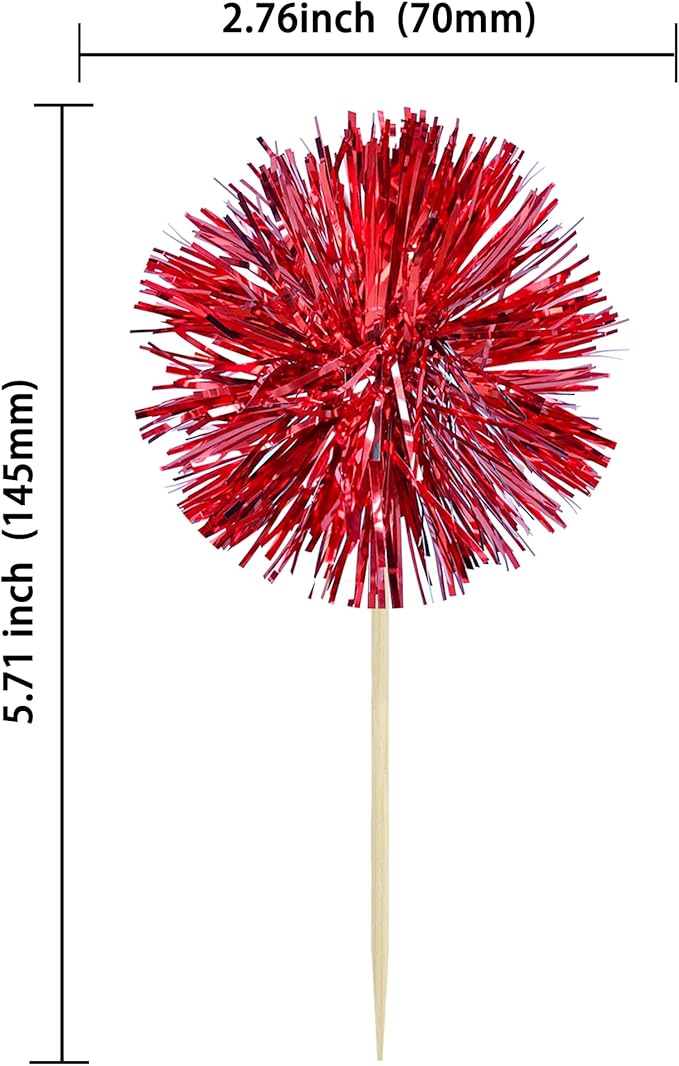 Gyufise 30Pcs Foil Firework Cupcake Toppers Sparkle Tinsel Cake Toppers Tinsel Drink Cake Decoration Cocktail Picks for Birthday Wedding Graduation Party Supplies Dark Red