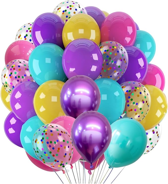 300 Pcs Mermaid Balloons Set, 12 Inches Purple Metallic Purple Teal Hot Pink Yellow Latex Balloons and Confetti Balloons for Birthday Mermaid thematic Party Decoration
