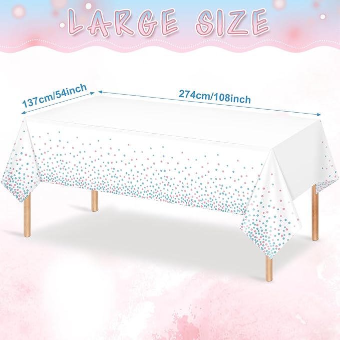 3Pack White and Pink Blue Plastic Tablecloth, White Disposable Table Cloth for Rectangle Tables, Pink Blue Stamping Dot White Tablecloth for Gender Reveal Baby Shower Birthday Party Supplies, 54"x108"