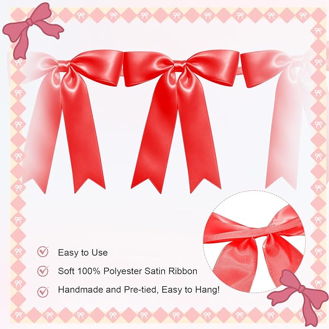 2 Strings of 16PCS Red Bow Garlands Banner Decoration,Pre-Strung Satin Ribbon Ornaments for Birthday,Bachelorette Party, Bridal Shower,Wedding,Engagement, Baby Shower,Graduation Decor,Valentine's Day