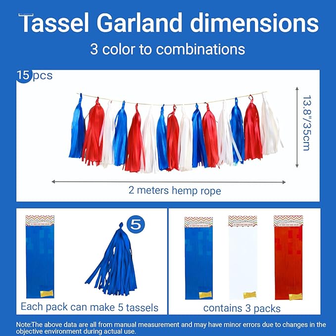 Red White Navy Paper Tassel, 15 Pack, Party Decorations for Birthday, Baby Shower, Sport Game,Graduation