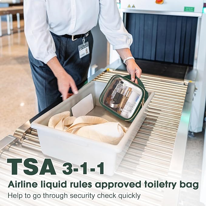 Wedama TSA Approved Toiletry Bag, 2 Pack Clear Makeup Bags with Handles, Quart Size Clear Toiletry Bags, PVC Cosmetic Bags for Women and Men, Carry on Airport Airline Compliant Bag, Dark Green