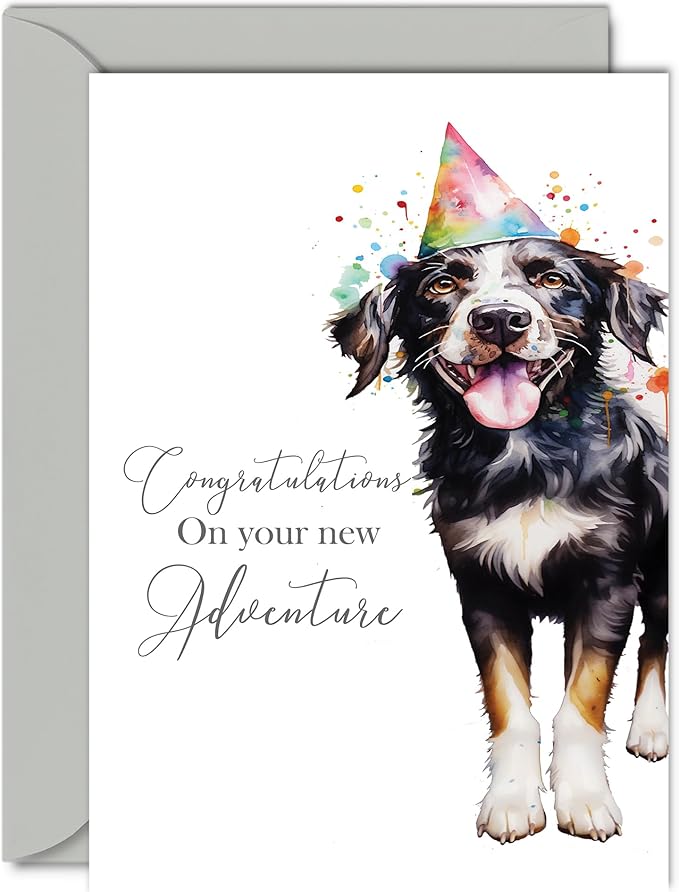 Good Luck New Adventure Cards for Women Men - Party Dog - Leaving Gifts Congratulations Card for Retirement New Job University Relocation Expat, A5 Farewell Greeting Cards