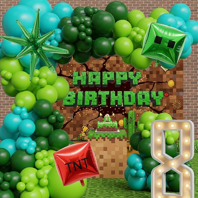 Video Game Balloon Arch Kit 138PCS Green Blue Balloon Arch Kit Pixel Theme Foil Block TNT Cube Balloons –Camo Gaming Party Decoration for Boy, Blue Green Black Garland for Gamer Birthday Game on Night