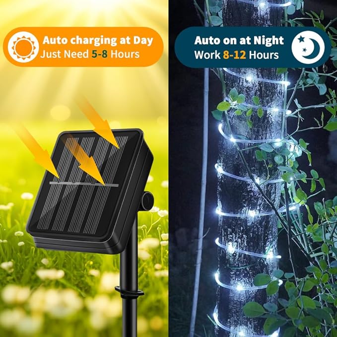 Solar Rope Lights 39FT 100LEDs,IP65 Waterproof Outdoor String Light, Palm Tree Lights for Party Garden Yard Pathway Patio Wedding Christmas Halloween Holiday Decoration (Cool White)