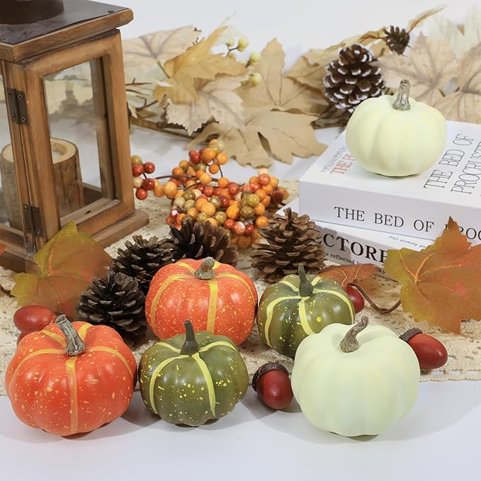 20 Pcs Realistic Fall Mini Pumpkin Decorations, Pumpkin Decor with Maple Leaves, Pine Cones, Acorns,Thanksgiving Decorations Indoor for Home Farmhouse Harvest Thanksgiving Table Decor