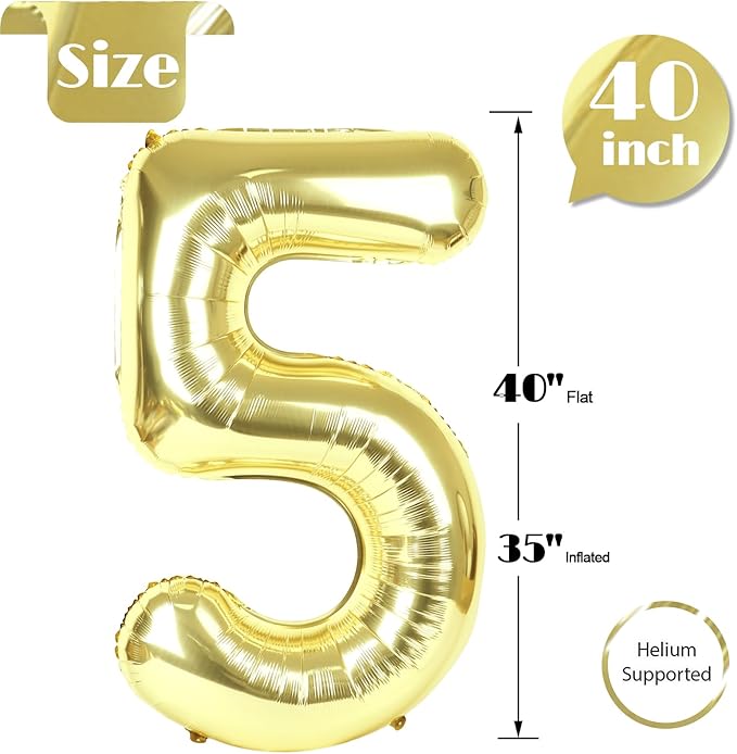 Champagne Gold Number 5 Balloon 40 Inch, White Gold 5 Balloon Number, 5th Birthday Decorations, Light Gold Party Supplies for Boys Girls
