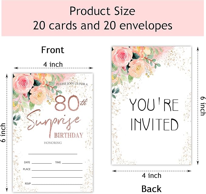 Zodvery Surprise 80th Birthday Party Invitations Cards - 80 Years old Rose Floral Pink Theme Party Supplies for Adult, Woman or Man - 20 Fill in Birthday Party Invitations and 20 Envelopes set/66