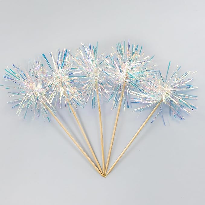Gyufise 30Pcs Foil Firework Cupcake Toppers Sparkle Tinsel Cake Toppers Tinsel Drink Cake Decoration Cocktail Picks for Birthday Wedding Graduation Party Supplies Laser White
