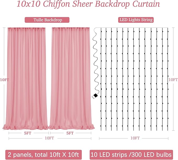 10ft x 10ft Dusty Rose Chiffon Backdrop Curtain with Lights String for Parties,2 Panels Sheer Tulle Curtain Wedding Photo Backdrop with Lights for Baby Shower Birthday Party Ceremony Home Decorations