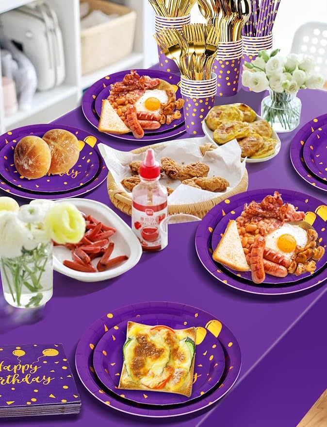 Birthday Party Tableware, 161 Pieces Purple Gold Party Supplies, Dinnerware Sets Include Paper Plates Napkins Cups Silverware, for Shower Engagement Parties Decoration -20 Serves