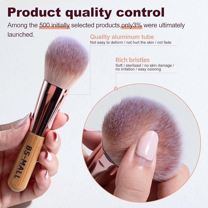 BS-MALL 14 Pcs Makeup Brushes Set with 1 Pcs Makeup Sponge – Essential Foundation Powder Concealers, Eye Shadows, Blush Makeup Brushes with Travel Makeup Case (Bamboo)