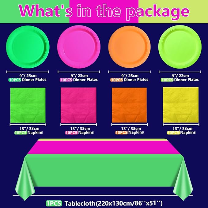 Glow in the Dark Party Supplies, Including Colorful Plates Napkins Tablecloth Happy Birthday Banner with UV Black Light Reactive and Dinnerware for Neon Themed Birthday Party, Serves 20