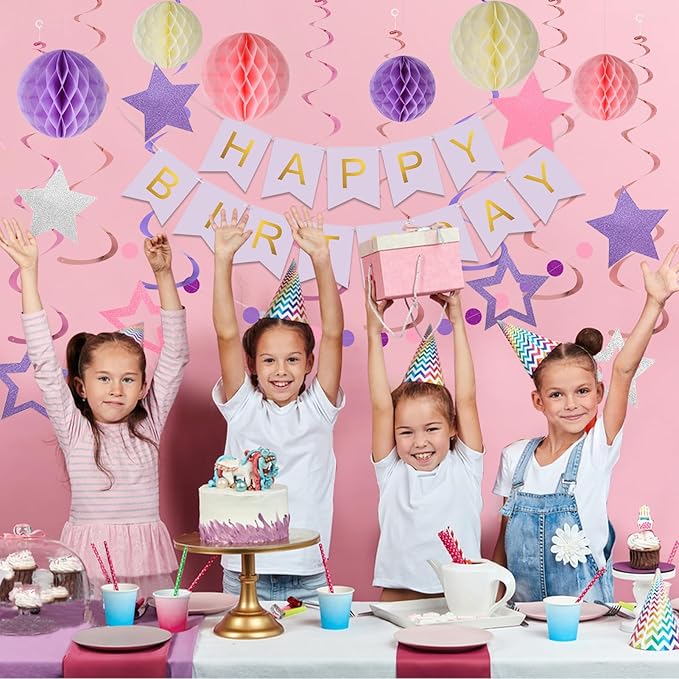 meowtastic Birthday Decorations, Happy Birthday Banner with Honeycomb Balls, Stars Hanging Swirls Streamers, Circle Dots Garland, Happy Birthday Party Decorations for Women Men Boys Girls (Purple)