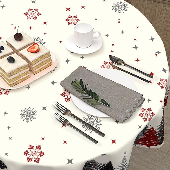 Christmas Snowflake Round Tablecloth Cream Tablecloth 70 Inch Gary and Red Tree Pattern Circle Table Cloth Winter Holiday Table Cover for Home Kitchen Dinning Party Xmas Decor